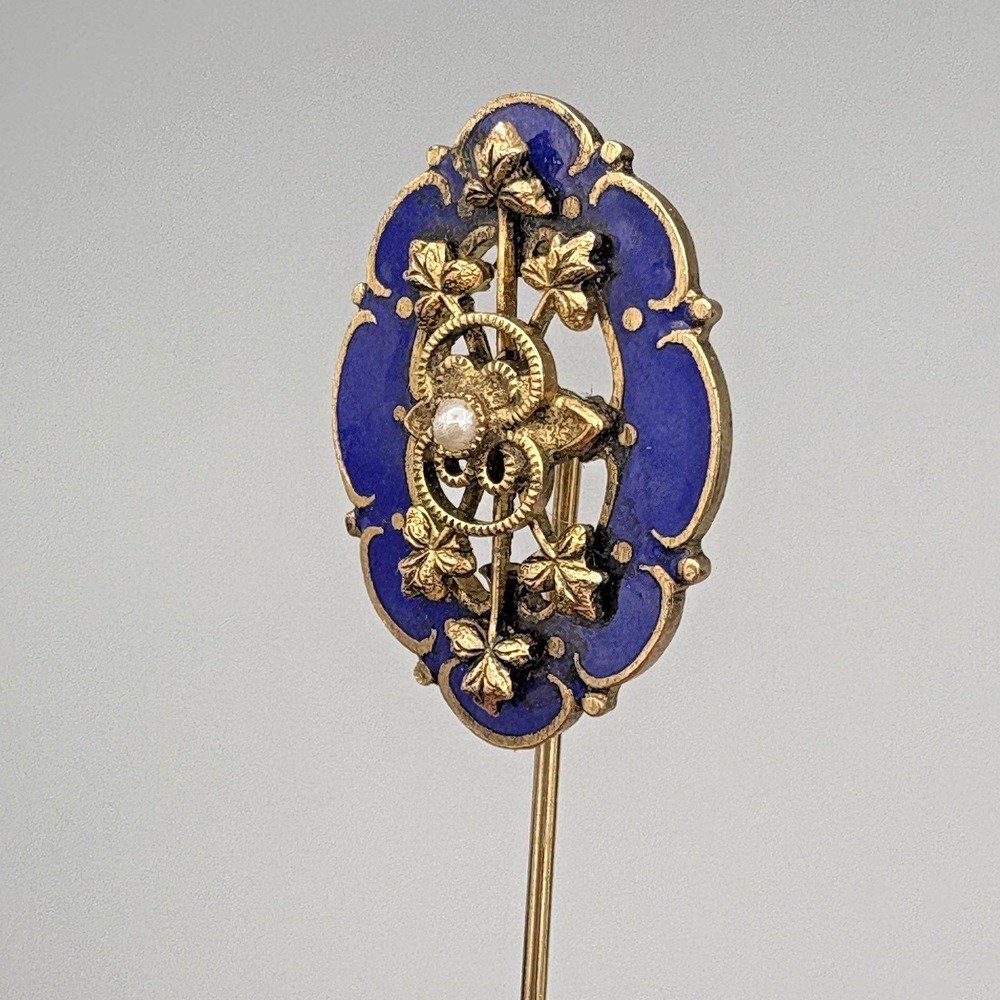 Antique Estate Stick Pin Blue Enamel Faux Pearl Regal Gold Vines and Pinstop